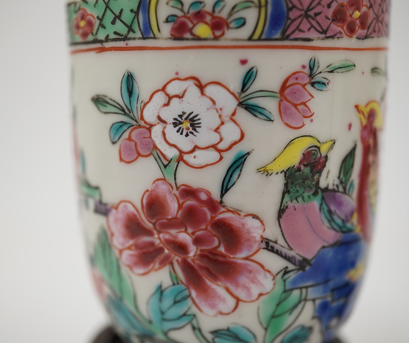 A near pair of Chinese famille rose ‘double pheasant’ coffee cups, early Qianlong period